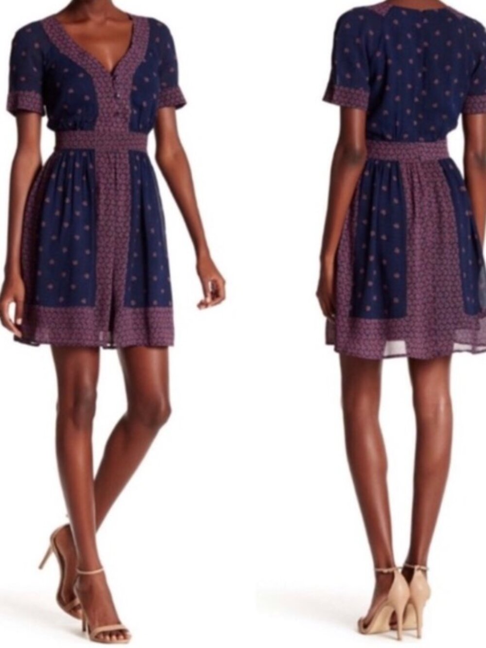 French Connection Mixed Floral Boho V-Neck Mini Dress Size 8 Navy Pink Orange - Picture 1 of 16